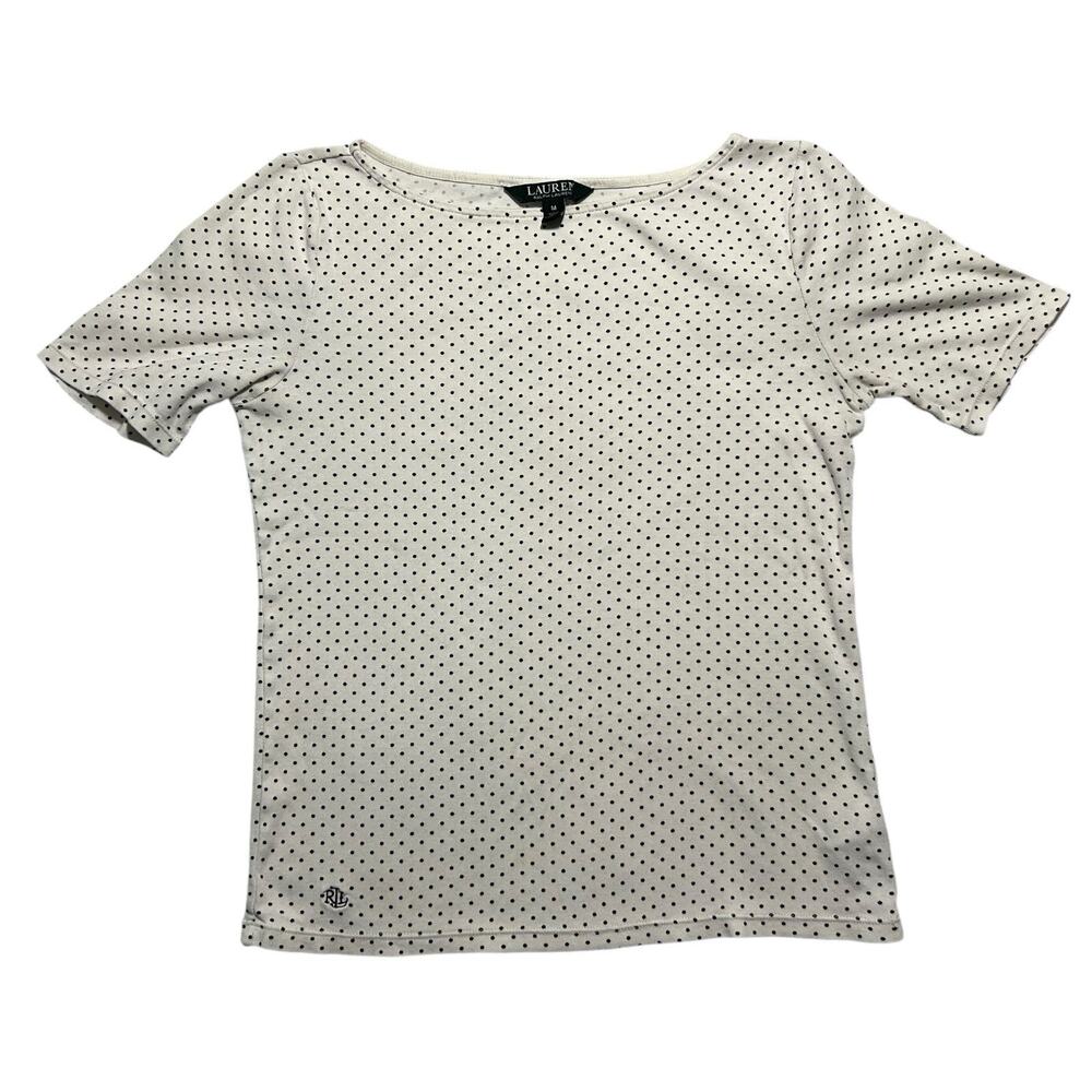 Lauren Ralph Lauren Sz M Black White Polka Dot Short Sleeve Baby Tee Shirt Top